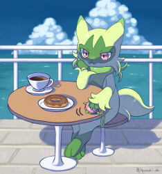 Rule 34 | claws, closed mouth, cloud, commentary request, creatures (company), cup, day, doughnut, floragato, food, game freak, highres, ibusaki (ivu), nintendo, outdoors, pokemon, pokemon (creature), saucer, sky, solo, table, water