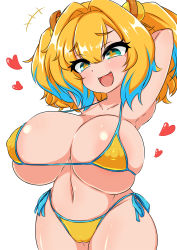 Rule 34 | + +, 1girl, :d, arms up, bikini, blonde hair, blue eyes, blue hair, bombergirl, breasts, cameltoe, cleft of venus, colored tips, covered erect nipples, curvy, fang, grenade hair ornament, hair between eyes, hair intakes, heart, highres, huge breasts, medium hair, moyashi udon, multicolored hair, navel, open mouth, oppai loli, pine (bombergirl), shortstack, side-tie bikini bottom, simple background, skin fang, smile, solo, swimsuit, twintails, two-tone hair, upper body, white background, yellow bikini
