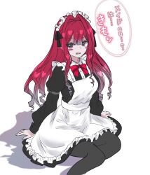 Rule 34 | 1girl, apron, baobhan sith (fate), blush, bow, breasts, dress, fate/grand order, fate (series), feet out of frame, full body, grey eyes, highres, long hair, looking at viewer, maid, maid apron, maid headdress, on floor, open clothes, red bow, satou nui, sidelocks, sitting, solo, speech bubble, thighhighs, translation request, white background, white dress, yokozuwari