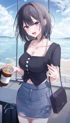 Rule 34 | 1girl, absurdres, bag, black hair, black shirt, blue skirt, breasts, camisole, cleavage, cloud, cloudy sky, collarbone, cowboy shot, crop top, cup, cutoffs, day, denim, denim skirt, disposable cup, hair ornament, hairclip, halterneck, highres, holding, large breasts, legs together, looking at viewer, midriff, miniskirt, mole, mole on breast, myowa, navel, open mouth, original, pencil skirt, purple eyes, shirt, short hair, short sleeves, shoulder bag, skirt, sky, smile, solo, spaghetti strap, standing, undershirt, water