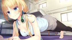 Rule 34 | 1girl, all fours, alternate hairstyle, bare shoulders, barefoot, black pants, blonde hair, bloom, blue eyes, blue hair, breasts, cleavage, colored inner hair, exercising, eyes visible through hair, foreshortening, game cg, grey shorts, highres, indoors, kido tsubasa, leggings, leggings under shorts, long hair, low twintails, medium breasts, multicolored hair, muririn, pants, pantyhose, parquet (yuzusoft), planking, short shorts, shorts, solo, speaker, sweat, tank top, toes, twintails, two-tone hair, very long hair, wavy mouth, white tank top, window, yoga pants