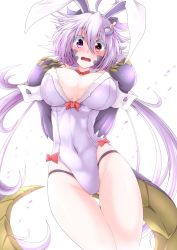 Rule 34 | 1girl, ahoge, animal ears, bare legs, blush, bow, breasts, claws, cleavage, dragon girl, dragon horns, dragon tail, fake animal ears, g (genesis1556), hair between eyes, hair ornament, heterochromia, highres, horns, large breasts, leotard, long hair, looking at viewer, monster girl, navel, open mouth, original, playboy bunny, purple eyes, purple hair, purple leotard, rabbit ears, rara (g (genesis1556)), red bow, red eyes, simple background, solo, standing, tail, thighs, very long hair, white background, wrist cuffs