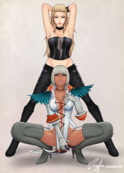Rule 34 | 2girls, armpits, arms behind head, arms up, bare shoulders, belt, black belt, black choker, black footwear, blonde hair, blue eyes, blunt bangs, bob cut, boots, breasts, capcom, center opening, choker, cleavage, corset, dark-skinned female, dark skin, devil may cry, devil may cry (series), devil may cry 4, dual persona, epaulettes, full body, gloria (devil may cry), gloves, grey footwear, high heel boots, high heels, highres, large breasts, lips, long hair, looking at viewer, midriff, multiple girls, no bra, no panties, parted lips, scyfon, short hair, silver hair, squatting, standing, thigh boots, thighhighs, trish (devil may cry), weapon, white gloves