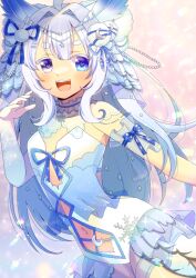 Rule 34 | 1girl, :d, ahoge, animal ear fluff, animal ears, bare shoulders, blue eyes, blue hair, clothing cutout, commentary request, crescent, elbow gloves, fangs, gloves, grey eyes, hair intakes, hand up, heart, heart-shaped pupils, heterochromia, indie virtual youtuber, kou hiyoyo, leotard, long hair, mikazuki silvi, navel, navel cutout, open mouth, see-through, short eyebrows, single glove, smile, solo, symbol-shaped pupils, teeth, thick eyebrows, upper teeth only, very long hair, virtual youtuber, white gloves, white leotard