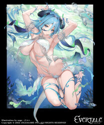 Rule 34 | 1girl, air bubble, armpits, arms up, blue eyes, blue hair, breasts, bubble, coral reef, evertale, full body, hair between eyes, highres, large breasts, monster girl, navel, official art, sage joh, solo focus, symbol-shaped pupils, tail, underboob, underwater
