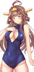 Rule 34 | 10s, 1girl, ahoge, blue one-piece swimsuit, breasts, brown hair, cleavage cutout, clothing cutout, covered navel, cowboy shot, double bun, front zipper swimsuit, headgear, kantai collection, kongou (kancolle), long hair, looking at viewer, meme attire, one-piece swimsuit, parted lips, purple eyes, solo, standing, swimsuit, untue, zipper
