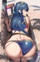 Rule 34 | 1girl, absurdres, alternate costume, anus, ass, back, beach, bent over, bikini, bikini bottom aside, blue bikini, blue eyes, blue hair, blush, censored, clothing aside, commentary, commission, day, feet out of frame, fire emblem, fire emblem awakening, from behind, hair between eyes, highres, long hair, looking at viewer, looking back, lucina (fire emblem), mazenda (3378), mosaic censoring, nintendo, open mouth, outdoors, palm tree, pov, pussy, shadow, skeb commission, smile, solo, steaming body, swimsuit, swimsuit aside, symbol-shaped pupils, thighs, tiara, tree