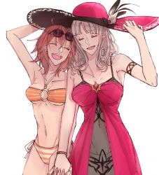 2girls, ahoge, arm up, armlet, bangs, bare shoulders, bikini, blunt bangs, breasts, brilliant summer, carmilla (fate), carmilla (swimsuit rider) (fate), cleavage, collarbone, commentary request, cowboy shot, curly hair, dress, eyebrows visible through hair, eyes closed, eyewear on head, fate/grand order, fate (series), fujimaru ritsuka (female), hair between eyes, hand holding, happy, hat, highres, holding, holding clothes, holding hat, hollomaru, interlocked fingers, medium hair, multiple girls, o-ring, o-ring bikini, open mouth, orange bikini, orange hair, pink dress, pink headwear, side-by-side, silver hair, simple background, sun hat, sunglasses, swimsuit, white background, yuri