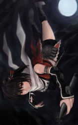 Rule 34 | 10s, 1girl, armor, armored boots, asymmetrical legwear, black eyes, black footwear, black hair, black skirt, boots, bow, cloud, cloudy sky, elbow gloves, fingerless gloves, full moon, fuyube gin (huyube), gloves, hair ornament, highres, holding, kantai collection, kneehighs, looking at viewer, moon, night, ninja, official style, pleated skirt, scarf, sendai (kancolle), sendai kai ni (kancolle), short hair, single kneehigh, single sock, single thighhigh, skirt, sky, smile, socks, solo, thighhighs, torpedo, twintails, uneven legwear, upside-down