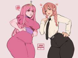 Rule 34 | 2girls, adventure time, annoyed, belt, black necktie, black pants, blue gemstone, breasts, chainsaw man, colored skin, crossover, crown, dress, frown, gem, hand on own hip, hand up, hands on own hips, highres, kamii momoru, lips, long dress, long hair, long sleeves, makima (chainsaw man), medium breasts, multiple girls, nail polish, necktie, pants, pink dress, pink hair, pink nails, pink skin, princess, princess bonnibel bubblegum, puffy short sleeves, puffy sleeves, red eyes, red hair, shirt, short sleeves, smile, spoken squiggle, squiggle, straight hair, tight clothes, tight dress, white shirt, wide hips, yellow eyes