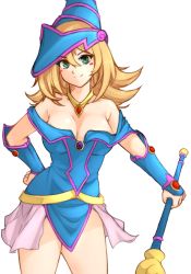 Rule 34 | 1girl, absurdres, bare shoulders, blonde hair, blush stickers, breasts, closed mouth, collar, commentary, dark magician girl, dress, duel monster, green eyes, hand on own hip, hat, highres, holding, long hair, looking at viewer, medium breasts, pelvic curtain, short dress, simple background, smile, strapless, strapless dress, transparent background, tridisart, vambraces, wand, white background, yu-gi-oh!, yu-gi-oh! duel monsters