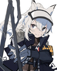 Rule 34 | 1girl, animal ear fluff, animal ears, arknights, black jacket, brown shirt, closed mouth, gloves, grani (arknights), grey eyes, grey gloves, grey hair, highres, jacket, long hair, long sleeves, looking at viewer, open clothes, open jacket, ponytail, shirt, simple background, smile, solo, tetuw, upper body, visor, white background