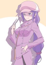 Rule 34 | 10s, 1girl, buttons, coat, date naoto, gundam, gundam build fighters, hat, highres, lens flare, long hair, mihoshi (gundam bf), overcoat, ponytail, purple eyes, purple hair, sketch, solo