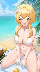 Rule 34 | 1girl, :d, absurdres, beach, bikini, blonde hair, blue sky, blush, breasts, cloud, coconut cup, collarbone, day, dot nose, drinking straw, fang, flower, food, fruit, genshin impact, hair flower, hair ornament, highres, jewelry, large breasts, lemon, looking at viewer, lumine (genshin impact), navel, open mouth, outdoors, pendant, rubber duck, short hair with long locks, sidelocks, sitting, sky, smile, solo, stomach, swimsuit, thighs, uka (315302627), wariza, white bikini, white flower, yellow eyes