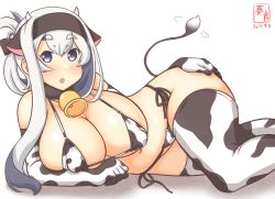 Rule 34 | 1girl, alternate costume, animal ears, animal print, artist logo, bell, bikini, blue eyes, breasts, cleavage, cow ears, cow horns, cow print, cow print bikini, cowbell, dated, elbow gloves, fake horns, fake tail, folded ponytail, gloves, headband, horns, kamoi (kancolle), kanon (kurogane knights), kantai collection, large breasts, long hair, lying, neck bell, on side, one-hour drawing challenge, open mouth, print bikini, print gloves, print thighhighs, side-tie bikini bottom, simple background, solo, swimsuit, tail, thick eyebrows, thighhighs, white background, white hair