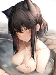 Rule 34 | 1girl, absurdres, animal ear fluff, animal ears, arknights, bathing, black hair, blush, breasts, cleavage, closed mouth, collarbone, commentary request, extra ears, hair between eyes, highres, looking at viewer, medium breasts, nude, onsen, orange eyes, partially submerged, sidelocks, solo, tab head, texas (arknights), water, wet, wolf ears, wolf girl
