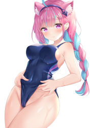 Rule 34 | 1girl, animal ears, blue one-piece swimsuit, braid, cat ears, clothes pull, colored inner hair, competition swimsuit, hololive, long hair, minato aqua, multicolored hair, nikoo, one-piece swimsuit, one-piece swimsuit pull, purple eyes, revision, solo, swimsuit, twin braids, twintails, two-tone hair, virtual youtuber
