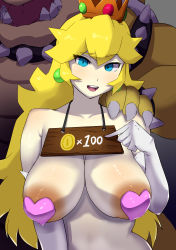 Rule 34 | 1boy, 1girl, absurdres, armpit crease, bare shoulders, behind another, black collar, blonde hair, blue eyes, bowser, bracelet, breasts, claws, coin, collar, collarbone, crown, dragra, earrings, elbow gloves, gloves, hand on another&#039;s shoulder, hand up, heart pasties, highres, jewelry, large areolae, large breasts, long hair, looking at viewer, mario (series), messy hair, nintendo, nude, open mouth, pasties, pointing, princess peach, prostitution, sagging breasts, sharp teeth, sign, sign around neck, size difference, slave, solo focus, spiked bracelet, spiked collar, spikes, super mario bros. 1, teeth, thick eyebrows, upper teeth only, white gloves