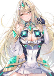 Rule 34 | 1girl, bare shoulders, blonde hair, breasts, circlet, cleavage, cleavage cutout, clothing cutout, core crystal (xenoblade), covered navel, cowboy shot, dress, earrings, elbow gloves, gloves, glowing, highres, inoue takuya (tactactak), jewelry, large breasts, long hair, looking at viewer, mythra (xenoblade), simple background, solo, swept bangs, very long hair, white background, white dress, white gloves, xenoblade chronicles (series), xenoblade chronicles 2, yellow eyes