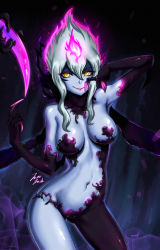 Rule 34 | 1girl, blue skin, bodysuit, breasts, cameltoe, claw (weapon), cleft of venus, colored skin, contrapposto, evelynn (league of legends), fiery hair, fire, highres, jazz jack, large breasts, league of legends, looking at viewer, navel, pink hair, revealing clothes, short hair, short hair with long locks, smile, solo, standing, weapon, white hair, yellow eyes