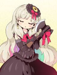 Rule 34 | 1girl, 310123, axe, blush, bow, bowtie, closed eyes, collared dress, colored inner hair, commentary request, dress, earrings, gloves, hat, highres, holding, holding axe, holding weapon, jewelry, long hair, mayu (vocaloid), mini hat, multicolored hair, open mouth, rainbow gradient, rainbow hair, short sleeves, smile, solo, very long hair, vocaloid, weapon, white hair