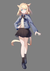 Rule 34 | 1girl, animal ears, warrior of light (ff14), black bow, black bowtie, black footwear, black nails, black skirt, black socks, blonde hair, blue jacket, bow, bowtie, braid, breasts, cat ears, cat girl, cat tail, closed mouth, collared jacket, commentary request, final fantasy, final fantasy xiv, full body, green eyes, grey background, hand on own hip, highres, jacket, ling huanxiang, loafers, long sleeves, looking at viewer, medium hair, miniskirt, miqo&#039;te, nail polish, open clothes, open jacket, pleated skirt, shoes, simple background, skirt, smile, socks, solo, standing, sweater vest, tail