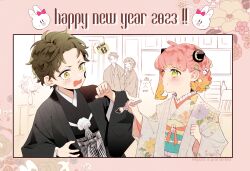 Rule 34 | 2023, 2boys, 2girls, ahoge, anger vein, anya (spy x family), black kimono, blush, bond (spy x family), brown eyes, brown hair, child, chinese zodiac, damian desmond, dog, facepaint, floral print, hairpods, happy new year, highres, hinamori (m nmy01), holding, holding paintbrush, indoors, japanese clothes, kimono, medium hair, multiple boys, multiple girls, new year, obi, paintbrush, pink eyes, pink hair, rabbit, sash, short hair, smile, spy x family, twilight (spy x family), twitter username, wavy mouth, year of the rabbit, yor briar