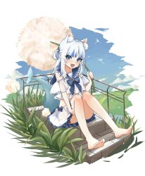 Rule 34 | 1girl, 8 nana usagi, animal ear fluff, animal ears, barefoot, blue collar, blue eyes, blue hair, blue sky, blush, breasts, cat ears, cloud, collar, fins, fish tail, gawr gura, grass, grey hair, hair ornament, highres, hololive, hololive english, looking at viewer, multicolored hair, open mouth, shark girl, shark hair ornament, shark tail, shirt, sidelocks, sitting, sitting on stairs, skirt, sky, small breasts, smile, stairs, streaked hair, tail, two side up, virtual youtuber, white shirt, white skirt