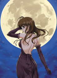 Rule 34 | 00s, 1girl, akizuki ritsuko, alternate costume, antenna hair, arm up, back, backless dress, backless outfit, bare back, bare shoulders, black dress, black gloves, breasts, closed mouth, dress, elbow gloves, evening gown, expressionless, female focus, floating hair, formal, full moon, glasses, gloves, hair down, halterneck, halterneck, hida tatsuo, idolmaster, idolmaster (classic), idolmaster 1, large breasts, looking at viewer, looking back, matching hair/eyes, moon, night, night sky, outdoors, sky, solo