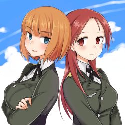 Rule 34 | 2girls, back-to-back, blue eyes, brave witches, crossed arms, emirio (emirio110), gundula rall, highres, looking at viewer, military, military uniform, minna-dietlinde wilcke, multiple girls, open mouth, orange hair, red eyes, red hair, smile, strike witches, uniform, world witches series