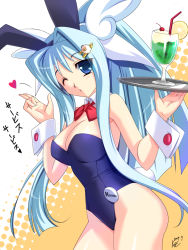 Rule 34 | 1girl, animal ears, bad id, bad pixiv id, bare shoulders, blowing kiss, blue eyes, blue hair, blush, bow, bowtie, breasts, character name, cherry, cleavage, cowboy shot, dakkoshite gyu! ~ore no yome wa dakimakura~, dated, detached collar, drink, drinking straw, eyes visible through hair, fake animal ears, fake tail, food, from side, fruit, glint, hair intakes, hair ornament, hair ribbon, hairband, hairclip, halftone, halftone background, heart, high ponytail, highres, holding, hotaru (dakko shite gyu!), ice cream, kagemusya, large breasts, leotard, long hair, looking at viewer, name tag, one eye closed, orange (fruit), playboy bunny, ponytail, rabbit ears, rabbit tail, ribbon, sidelocks, signature, spoken heart, standing, strapless, tail, tray, very long hair, wrist cuffs
