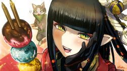 Rule 34 | + +, 1girl, :d, artist name, black gloves, black hair, blunt bangs, blush, capcom, cat, dango, drooling, eyeshadow, feweryen, food, gloves, green eyes, hair ornament, hand on own cheek, hand on own face, hinoa, looking at viewer, makeup, making-of available, melynx, monster hunter (series), monster hunter rise, open mouth, pointy ears, red eyeshadow, saliva, smile, teeth, wagashi