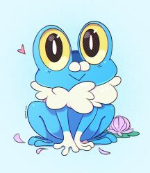 Rule 34 | bloominglynx, blue background, colored sclera, creatures (company), flower, froakie, frog, full body, game freak, gen 6 pokemon, looking at viewer, nintendo, no humans, pink flower, pink petals, pokemon, pokemon (creature), simple background, solo, yellow sclera