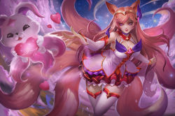 Rule 34 | 1girl, ahri (league of legends), alternate costume, alternate hair color, animal ears, bare shoulders, boots, breasts, choker, cleavage, cleavage cutout, clothing cutout, detached sleeves, familiar, fox ears, fox tail, large breasts, league of legends, long hair, magical girl, multiple tails, purple eyes, skirt, solo, star guardian (league of legends), star guardian ahri, tail, thigh boots, thighhighs, tiara