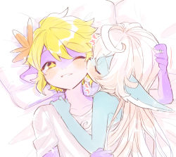 Rule 34 | + +, 1boy, 1girl, blonde hair, blush, cat girl, closed eyes, couple, dragon boy, furry, furry female, furry male, furry with furry, grin, hand on another&#039;s head, hand on another&#039;s shoulder, hetero, kissing cheek, long hair, lying, on back, one eye closed, original, pillow, smile, white hair, yadayada