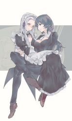 Rule 34 | 2girls, @ @, absurdres, alternate costume, apron, breasts, butler, byleth (female) (fire emblem), byleth (fire emblem), cleavage cutout, clothing cutout, edelgard von hresvelg, embarrassed, fire emblem, fire emblem: three houses, formal, highres, maid, maid apron, maid headdress, multiple girls, nintendo, open mouth, silver hair, sitting, sitting on lap, sitting on person, smile, sokoo, suit