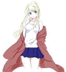 Rule 34 | 1girl, bare shoulders, blonde hair, blue eyes, blue skirt, breasts, clothes lift, coat, cowboy shot, floating hair, fullmetal alchemist, happy, long hair, looking at viewer, looking away, medium breasts, ponytail, red coat, see-through, shirt, simple background, skirt, sleeveless, sleeveless shirt, smile, solo, standing, thighs, tsukuda0310, upper body, white background, white shirt, winry rockbell