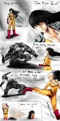 Rule 34 | 1girl, ass, bald, black hair, boots, breasts, brown eyes, chibi, cleavage, comic, commentary, embarrassed, english commentary, english text, genderswap, genderswap (mtf), gloves, guro, highres, kicking, long hair, medium breasts, monster, one-punch man, red footwear, red gloves, solo focus, unzipped, wig, zipper