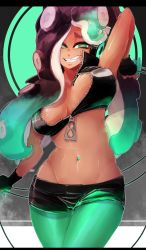 Rule 34 | 1girl, :d, abs, arm up, bioluminescence, breasts, breasts apart, cleavage, colored skin, cowboy shot, crop top, dark-skinned female, dark skin, fingerless gloves, gloves, glowing, green eyes, green hair, green skin, half-closed eyes, high collar, highres, long hair, looking at viewer, marina (splatoon), medium breasts, mole, mole under mouth, multicolored hair, multicolored skin, nail polish, navel, navel piercing, nintendo, octoling, open mouth, pantyhose, pantyhose under shorts, partially unzipped, piercing, pink pupils, purple hair, s-skio, sharp teeth, short shorts, shorts, smile, solo, splatoon (series), splatoon 2, standing, stomach, teeth, tentacles, two-tone hair, zipper pull tab
