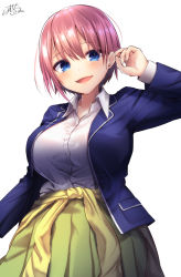 Rule 34 | 1girl, blazer, blue eyes, blue jacket, blush, breasts, brown hair, clothes around waist, collared shirt, commentary request, dress shirt, go-toubun no hanayome, green ribbon, green skirt, hair between eyes, highres, jacket, large breasts, long sleeves, looking at viewer, nakano ichika, open clothes, open jacket, open mouth, pleated skirt, ramchi, ribbon, school uniform, shirt, short hair, signature, simple background, skirt, smile, solo, sweater, sweater around waist, sweater vest, v-shaped eyebrows, white background, white shirt