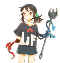 Rule 34 | 1girl, alternate costume, alternate hairstyle, arms behind back, black shirt, black shorts, clothes writing, commentary request, cowboy shot, hair ornament, houjuu nue, looking to the side, medium hair, ponytail, red eyes, shirt, short sleeves, shorts, sidelocks, simple background, smile, solo, touhou, ufo hair ornament, white background, ziro (daydozen)