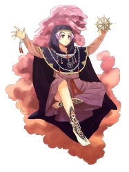 Rule 34 | 1girl, alternate costume, anklet, barefoot, bracelet, cape, embellished costume, feet, habit, hood, jewelry, kumoi ichirin, light purple hair, outstretched arms, purple eyes, ring, sandals, simple background, solo, spread arms, touhou, tsurui, unzan, wheel of dharma, white background