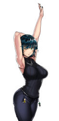 Rule 34 | 1girl, arm behind head, armpits, arms up, beads, belt, black nails, blue hair, bra strap, breasts, character doll, closed mouth, cowboy shot, denim, eyebrows, eyelashes, female focus, fubuki (one-punch man), green eyes, highres, jeans, jewelry, large breasts, looking at viewer, nail polish, necklace, one-punch man, one eye closed, pants, revision, ribbed sweater, saitama (one-punch man), short hair, simple background, sleeveless, sleeveless turtleneck, solo, standing, sweater, the golden smurf, turtleneck, white background