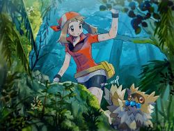 Rule 34 | 1girl, bandana, bike shorts, blue eyes, breasts, brown hair, commentary request, creatures (company), eyelashes, game freak, gen 3 pokemon, gloves, hanenbo, highres, holding, long hair, looking down, may (pokemon), nintendo, outdoors, parted lips, pokemon, pokemon (creature), pokemon rse, red bandana, shirt, signature, tree, zigzagoon