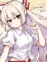 Rule 34 | 1girl, blush, bow, collared shirt, english text, fujiwara no mokou, gradient background, hair between eyes, hair bow, hand up, highres, long hair, looking at viewer, midriff, navel, red eyes, shirt, short sleeves, signature, simple background, smile, solo, speech bubble, stomach, tokoyuka th, touhou, upper body, very long hair, white hair, white shirt, yellow background
