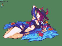 Rule 34 | 1girl, arm behind head, blue one-piece swimsuit, breasts, clothing cutout, criss-cross halter, cup, fire emblem, fire emblem engage, fire emblem heroes, flower, glaceo, green background, halterneck, hat, hat feather, hibiscus, holding, holding cup, ivy (fire emblem), lying, medium breasts, navel, navel cutout, nintendo, official alternate costume, on side, one-piece swimsuit, pixel art, red flower, solo, sun hat, swimsuit