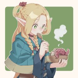 Rule 34 | 1girl, belt, blonde hair, blue capelet, blush, book, bowl, braid, capelet, choker, dungeon meshi, elf, french braid, green background, hair around ear, hair rings, hand up, holding, holding bowl, holding spoon, hood, hood down, hooded capelet, long hair, long sleeves, looking down, lowres, marcille donato, multiple braids, outline, outside border, parted bangs, pointy ears, side braid, solo, soujirou, spoon, steam, tentacles, upper body, white outline, wooden bowl, wooden spoon