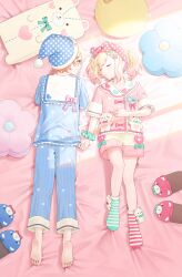 Rule 34 | 1boy, 1girl, 2 (tsvf3235), barefoot, blonde hair, blue pajamas, bow, brother and sister, closed mouth, gradient hair, hair bow, hair ornament, hairclip, hat, heart, heart print, highres, looking at another, lying, mismatched socks, multicolored hair, nightcap, on back, on bed, on stomach, open mouth, orange eyes, orange hair, pajamas, pillow, pink hair, pink pajamas, polka dot, project sekai, scrunchie, short hair, siblings, sleeping, slippers, smile, socks, striped clothes, striped socks, stuffed toy, tenma saki, tenma tsukasa, twintails, wrist scrunchie, yellow eyes