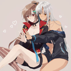 Rule 34 | 2girls, amazuki jou, azur lane, bare shoulders, breasts, brown hair, choker, cleavage, collarbone, commentary, dark-skinned female, dark skin, facial mark, forehead mark, heart, highres, jean bart (azur lane), jewelry, long hair, long sleeves, massachusetts (azur lane), multiple girls, navel, outstretched arm, ponytail, red eyes, ring, silver hair, single thighhigh, smile, striped clothes, striped thighhighs, tan background, thighhighs, vertical-striped clothes, vertical-striped thighhighs, very long hair, wedding ring, wife and wife, yuri