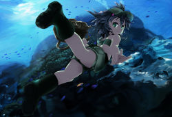 Rule 34 | 1girl, bag, blue hair, boots, female focus, fish, freediving, full body, gradient background, green eyes, hat, kawashiro nitori, looking back, short hair, shorts, solo, swimming, taicho128, touhou, two side up, underwater, water